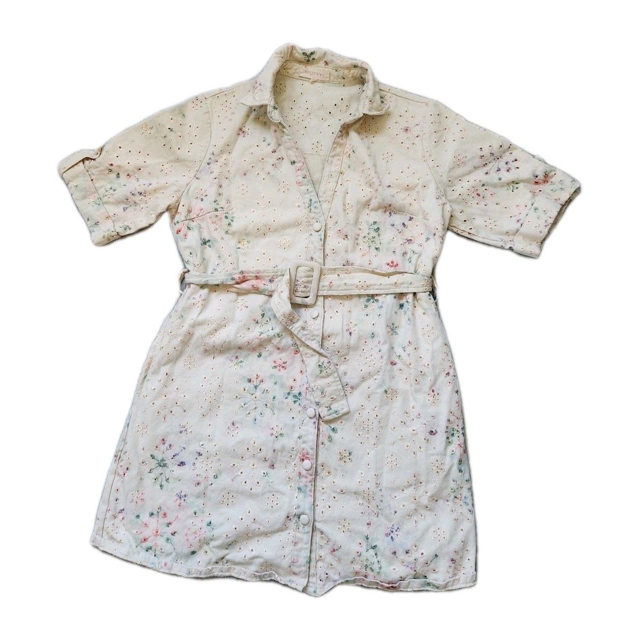 Solitaire Dress Womens M Cream Floral Eyelet Button Front Belted Cottagecore Guc